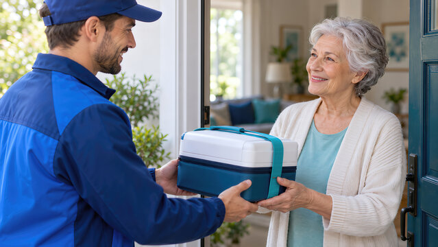 delivery worker handing insulated medical cooler to senior woman
