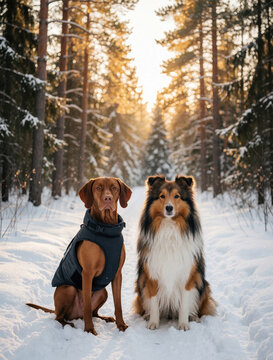 Two different dogs sit together on snowy forest path. Brown Vizsla wears dark vest fluffy Collie looks forward. Peaceful animals relax in winter woods during golden sunset. Beautiful pets enjoy cold