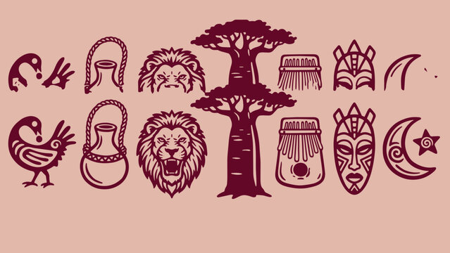 African culture and safari line vector set featuring sankofa bird pot lion baobab tree kalimba mask and crescent moon on pink background