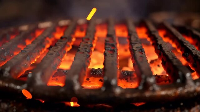 Glowing charcoal embers and flames flicker beneath dark metal grill bars, creating intense heat and smoke in closeup outdoor cooking scene