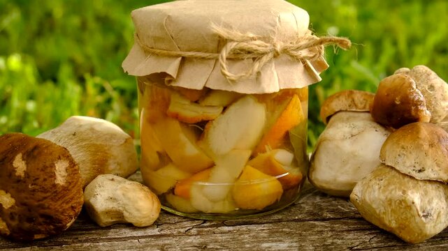 Preservation of chanterelle mushrooms in a jar. Selective focus.