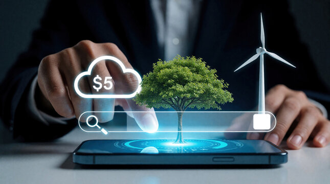 Businessman uses smartphone to manage green energy investments. Digital interface shows growing tree, wind turbine, cloud storage with money icon. Man controls eco tech solutions, sustainable
