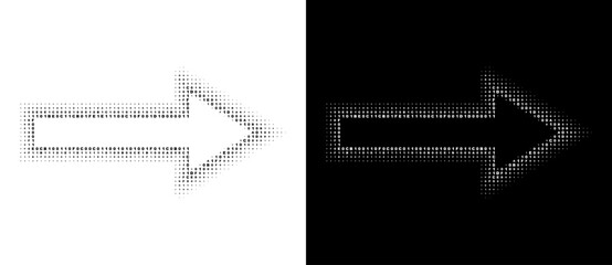Arrow shape made of scattered hexadecimal characters 0 1 A B C D E F of varying size, black on white and white on black variants, vector design element. © Mykola Mazuryk
