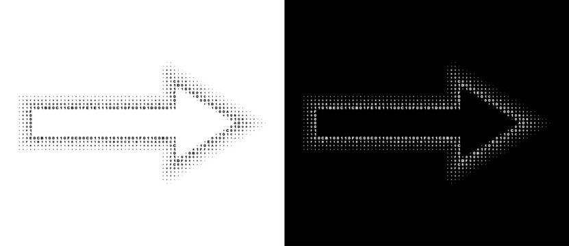 Arrow shape made of scattered hexadecimal characters 0 1 A B C D E F of varying size, black on white and white on black variants, vector design element.