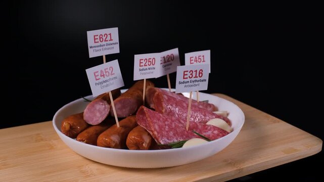 Assorted sausages and salami rotate on a wooden cutting board with E250, E452, E621 and E120 markers inserted into the meat. Additives and health risk concept