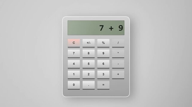 A clear, modern, digital calculator with an illuminated display showing a simple addition equation, symbolizing calculation and numerical operations on a neutral background
