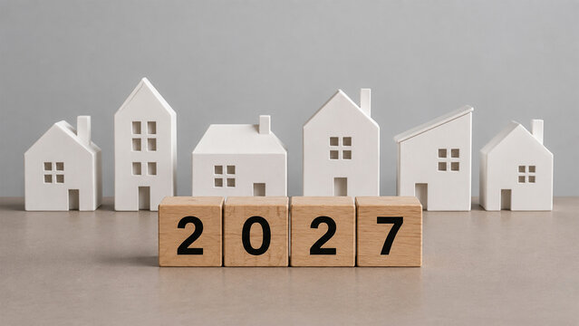Wooden blocks showing 2027 in front of miniature white houses, modern real estate concept for new year property market, housing investment and home planning