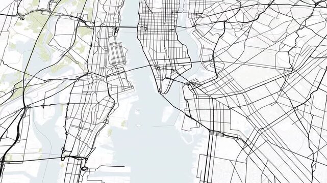 New York City 3D building model animation, Manhattan street grid tilt-shift camera perspective