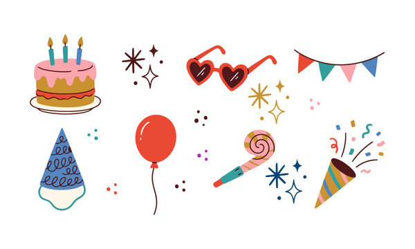 Set of colorful birthday party icons including cake and balloons in hand drawn style with heart sunglasses
