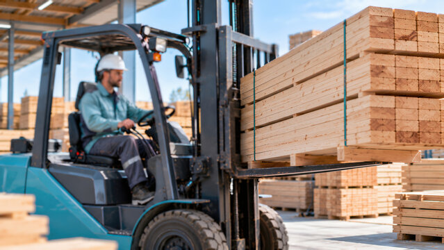 Forklift transporting stacked lumber in a Modern Industrial Sawmill Facility