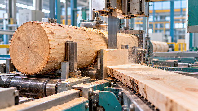 Large Round Timber Log Being Cut by Industrial Sawmill Machinery on Production Line