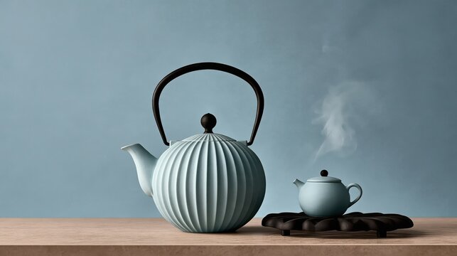 Funny blue cast iron teapot on trivet with steam, cozy photo