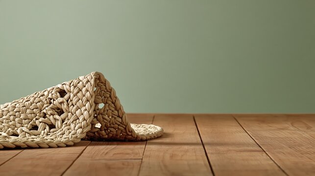 Funny woven rug with curled corner peeking, home decor photo