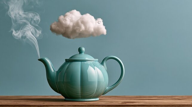 Funny ceramic teapot with steam forming smiling cloud, humorous photo