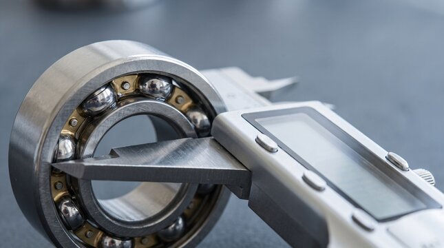 Stainless steel electronic digital caliper jaws measuring outside diameter of precision chrome steel ball bearing ring with thin protective oil film in manufacturing workshop
