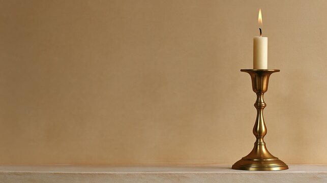 Whimsical brass candle holder with lit candle, home decor photo