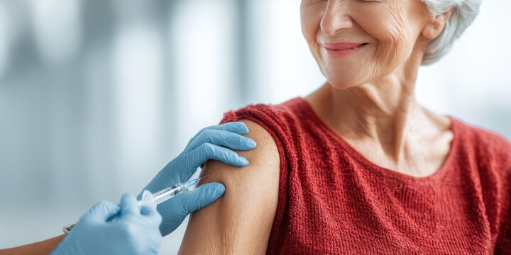 Doctor making medical drug injection or anti covid shot to disabled senior woman. Smiling elderly grandmother receiving a vaccine. Elder lady getting vaccination. Old people get inoculation. Flu, pox