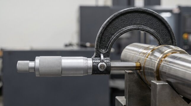 Precision ratchet outside micrometer screw gauge measuring cylindrical ground steel shaft workpiece spindle in lathe machine workshop for dimensional tolerance quality verification