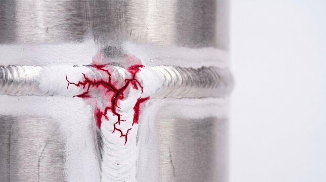 Red dye liquid penetrant crack indication line bleeding through white developer coating along stainless steel pipe butt weld seam for non destructive testing NDT defect inspection