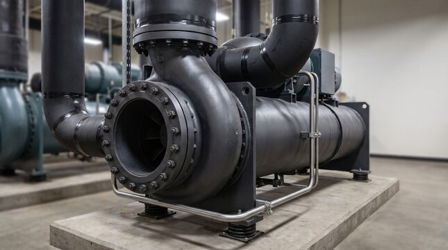 Massive industrial centrifugal chiller compressor housing with black elastomeric closed cell foam pipe insulation jackets in central commercial building mechanical chiller plant room