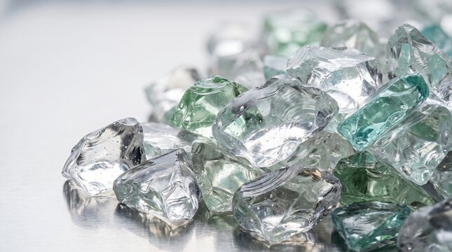 Sorted clean crushed clear flint and emerald green cullet glass chunks fragments in laboratory inspection tray for remelting bottle furnace container glass circular economy cycle