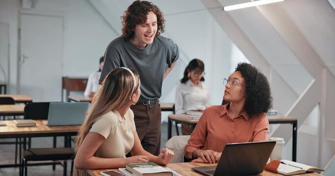 Study group, students and laptop at university with help, explain lecture slides or share knowledge. College, people and tech for academic support, exam tips and tutoring for essay guidance in class