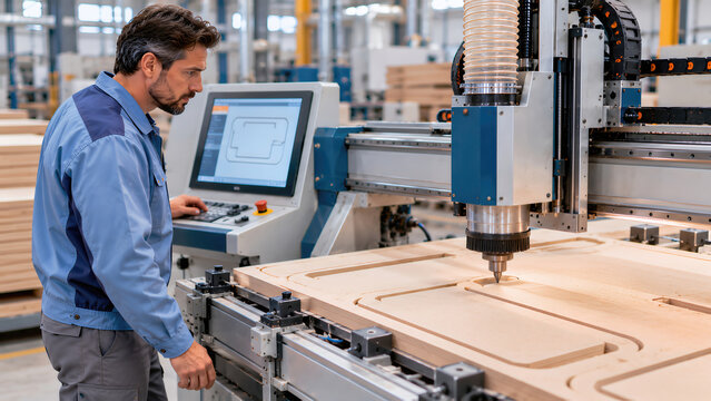 Worker Operates Computerized Woodworking Machine Over Prepared Timber Panels