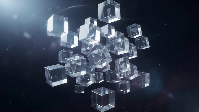 Abstract composition of floating transparent glass cubes in dark space with dramatic lighting and lens flare particle effects