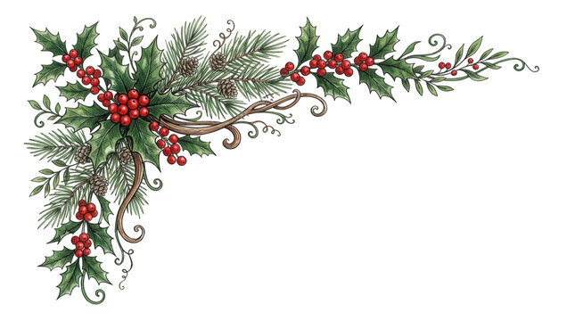 Decorative christmas corner border illustration isolated on transparent background
