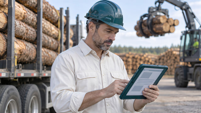 Forestry Worker Tracking Timber Inventory on Tablet at an Industrial Log Yard