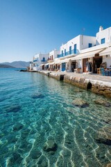 Fototapeta premium White buildings with blue doors line clear turquoise sea coast. Coastal village houses sit on stone pier near calm ocean water. Sunny summer day in Mediterranean resort town. Tropical waterfront