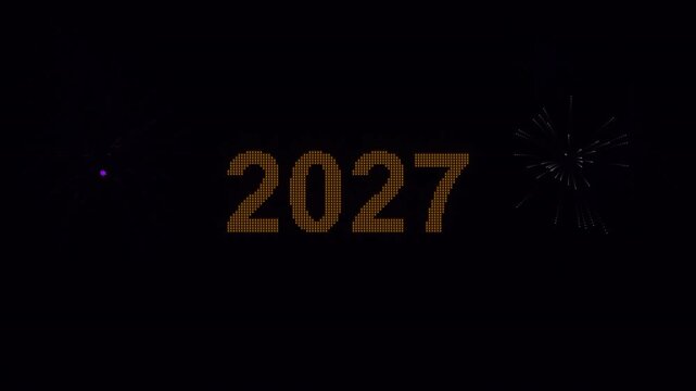 Grand Firework Show 2027 Animation featuring a solid held 2027 center text explosion accompanied by continuous side fireworks bursts.