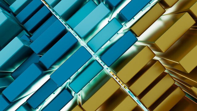 3d illustration of blue and gold rectangular block geometric pattern