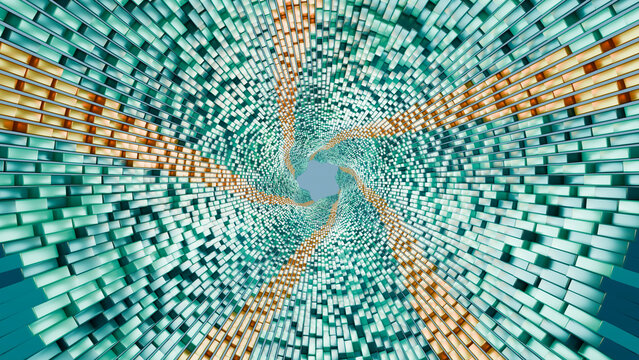 Abstract spiral pattern of colorful 3d blocks in digital art
