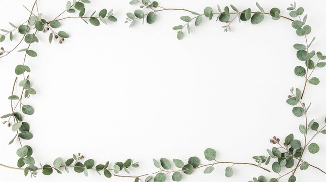 Eucalyptus leaf frame with central copy space on white background, minimal botanical border composition for wedding invitations, fresh green leaves flat lay for organic beauty mockups