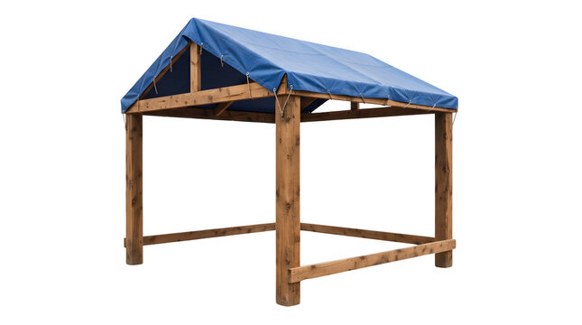 Wooden patio gazebo with blue canopy isolated on transparent background.