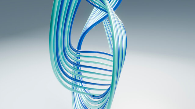 Twisted blue and cyan striped ribbons digital 3d illustration