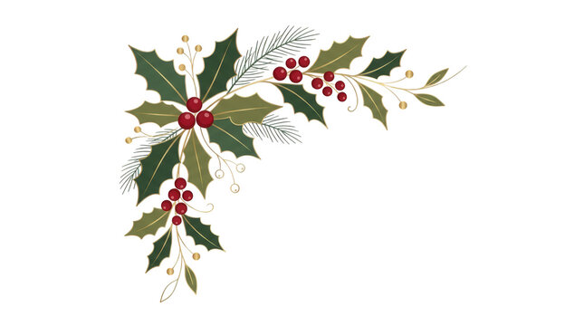 Christmas corner decoration with holly leaves and berries isolated on transparent background