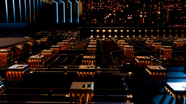 High-tech circuit board with illuminated microchips and electronic