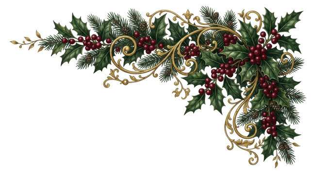 Christmas corner garland with holly and pine isolated on transparent background