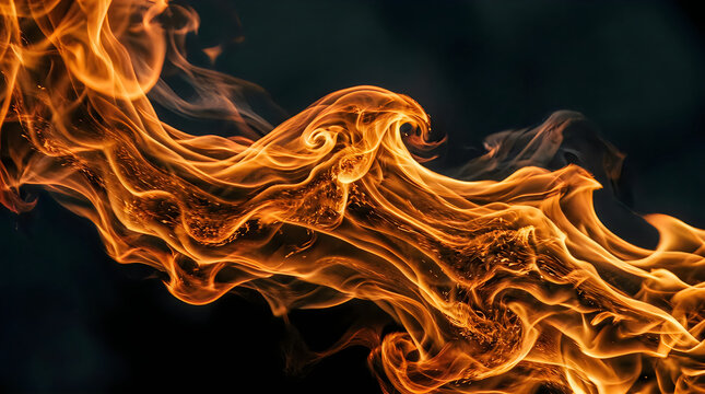 Bright orange fire flames swirling on a dark black background