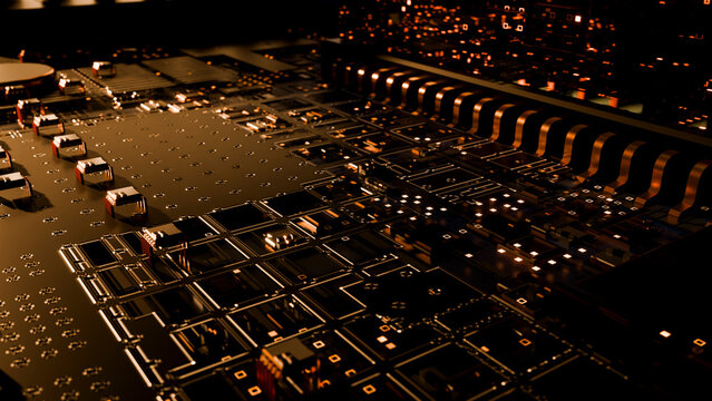 Close-up of printed circuit board with electronic components and gold