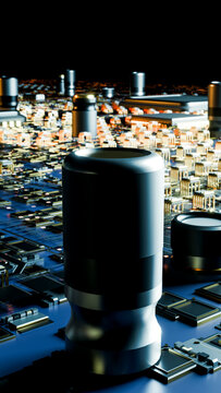 Electronic capacitor on a blue circuit board close-up