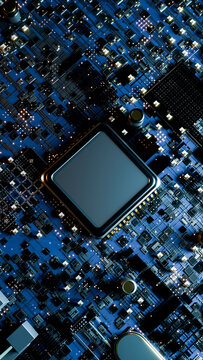 Microchip on blue printed circuit board with electronic components