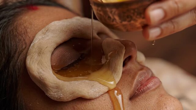 A therapist steadily pours warm medicated ghee into a dough ring around a patient's closed eye during a traditional Netra Basti treatment. Ayurvedic precision therapy and gentle healing