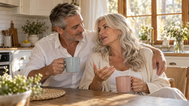Happy mature couple drinking coffee and talking together in a bright cozy kitchen, affectionate middle aged partners enjoying a relaxed morning at home