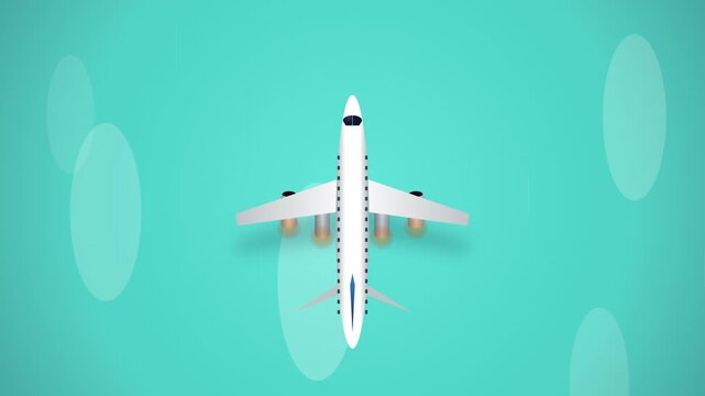 Flat vector illustration of a white passenger airplane flying smoothly across a bright turquoise sky in a minimalist animation style
