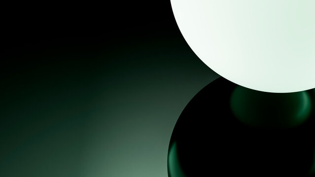 Glossy black and white spheres with reflections on dark background