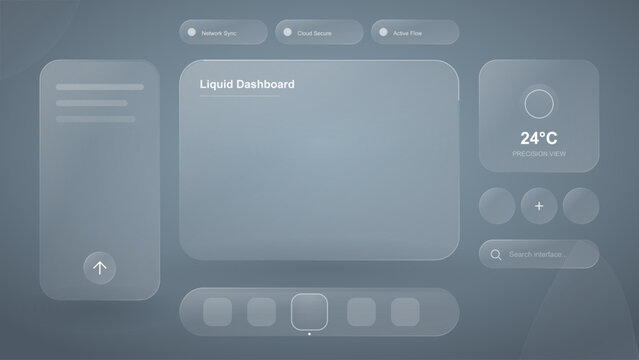 Glass morphism UI Dashboard Vector Template with Modern Frosted Glass Widgets for Web