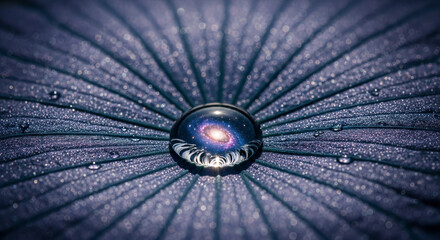 Fototapeta premium Surreal macro photography of a glowing spiral galaxy inside a clear water drop on a textured purple leaf